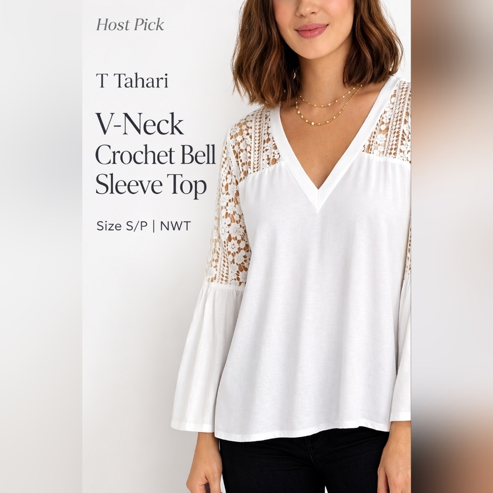 T Tahari V-Neck Crochet Bell Sleeve TopSize S/P | NWT | MSRP $88